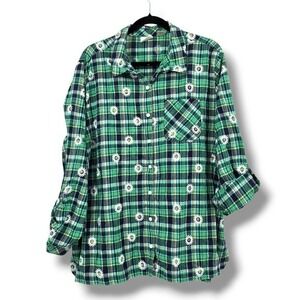 Vintage Chic Comfort Daisy Plaid Button Down Shirt Long Sleeve Boho Green 2X